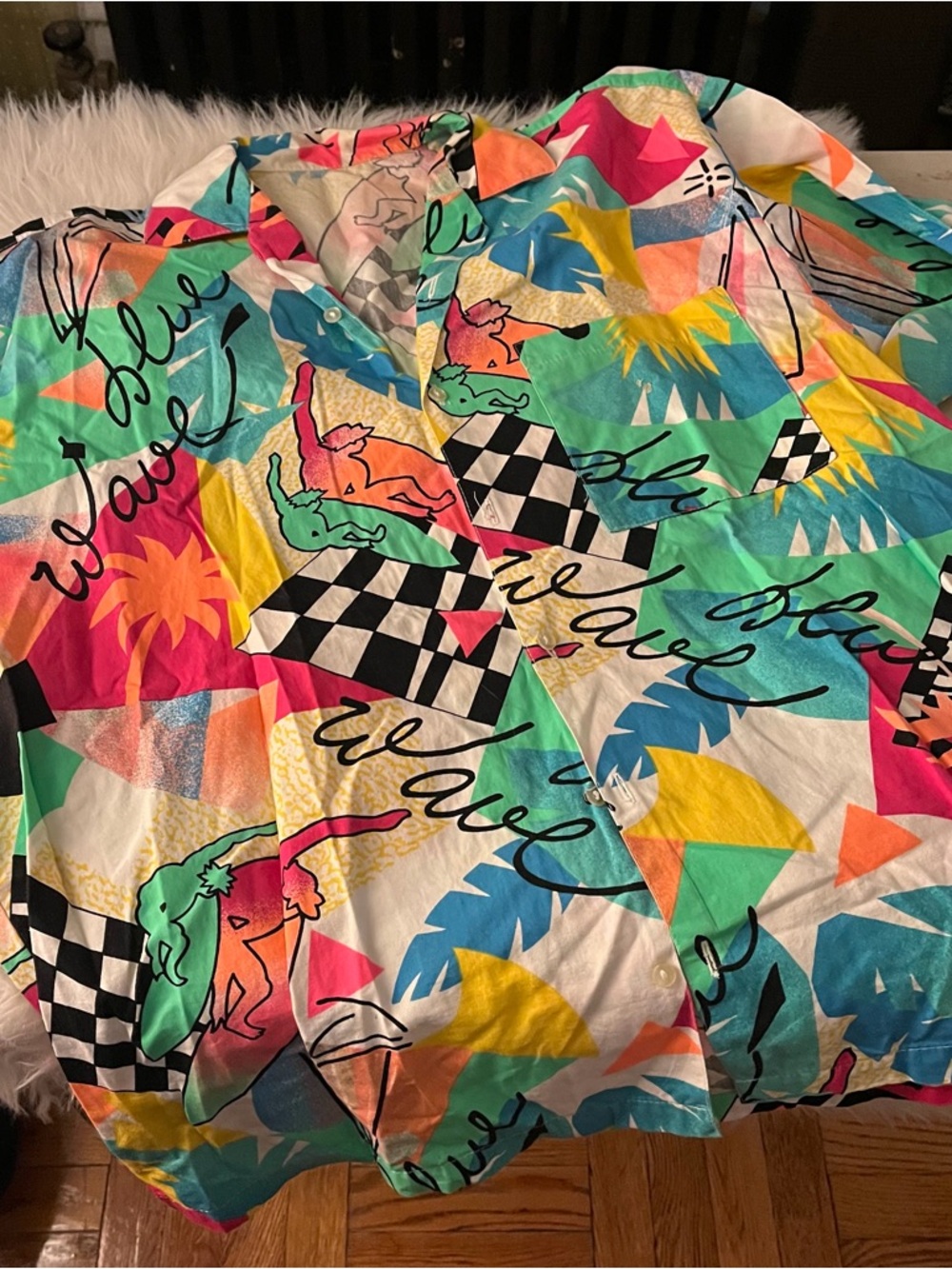 Vintage 80s Neon Surf Colorful Tropical Wave Print Button-Up Shirt